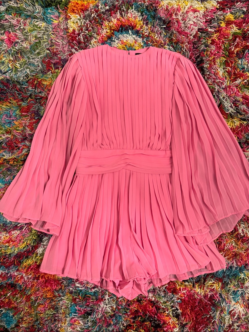 Lumiere - Pink Pleated Mini Dress with flowy 1970s inspired Bell Sleeves